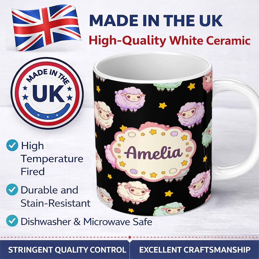 Personalized Custom Name Cute Pastel Sheep Stars Black Background Seamless Pattern Name 11oz Ceramic Coffee Tea Mug White Large Handle