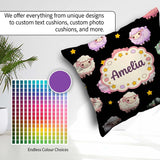 Custom Name Cute Pastel Sheep Stars Black Seamless Pattern Name Square Filled Cushion Throw Pillow Sofa Bed Home Decor Zip Washable UK Made