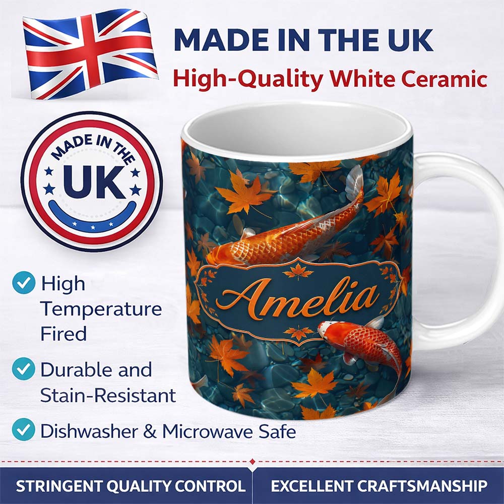 Personalized Custom Name Koi Fish in Clear Blue Water with Autumn Leaves Pattern Nature 11oz Ceramic Coffee Tea Mug White Large Handle