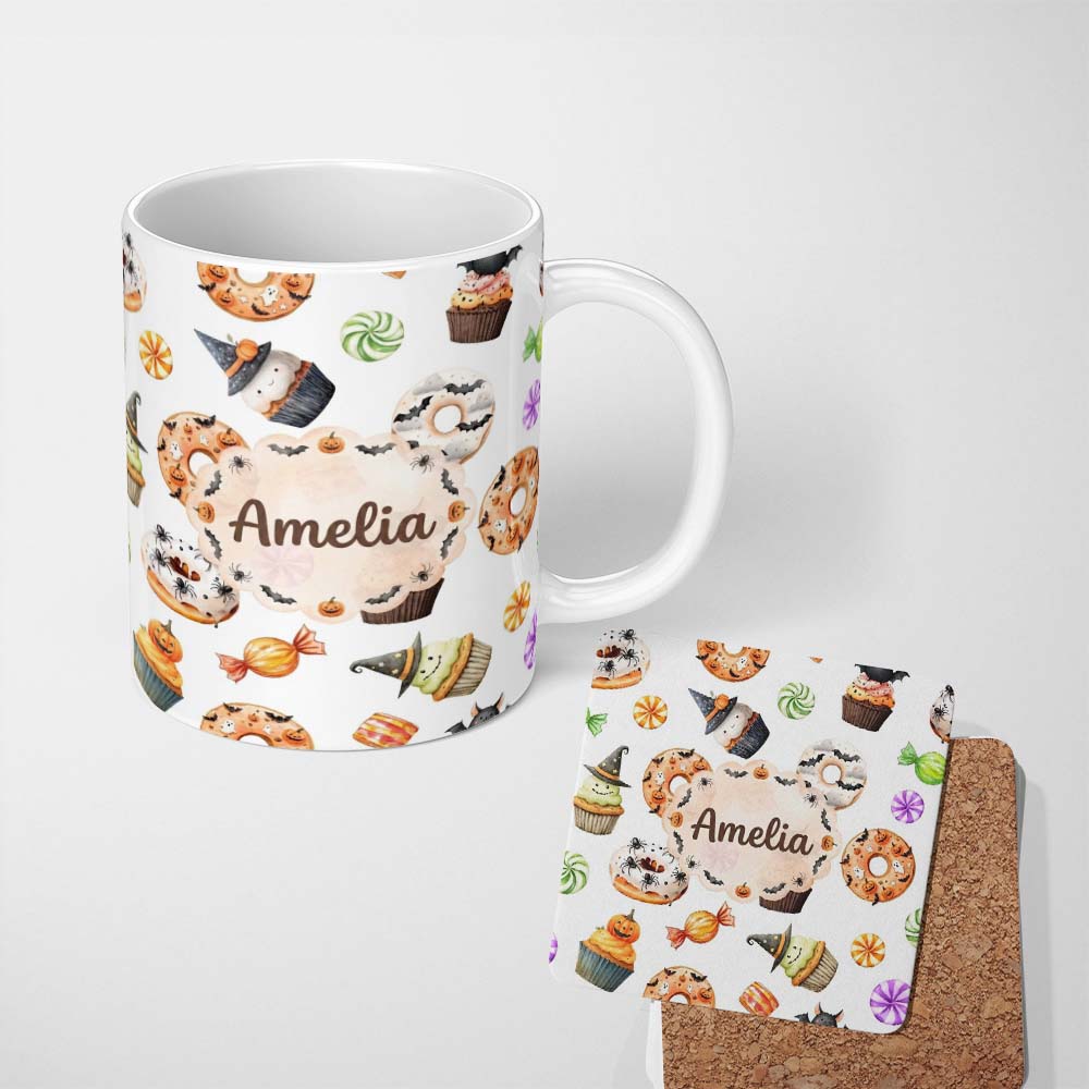 Personalized Custom Name Cute Halloween Donuts Cupcakes Bats Candy and Pumpkins White Lovely 11oz Ceramic Coffee Tea Mug White Large Handle