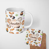 Personalized Custom Name Cute Halloween Donuts Cupcakes Bats Candy and Pumpkins White Lovely 11oz Ceramic Coffee Tea Mug White Large Handle