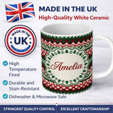 Personalized Custom Name Festive Knitted Fair Isle Christmas Pattern Seamless Lovely 11oz Ceramic Coffee Tea Mug White Large Handle