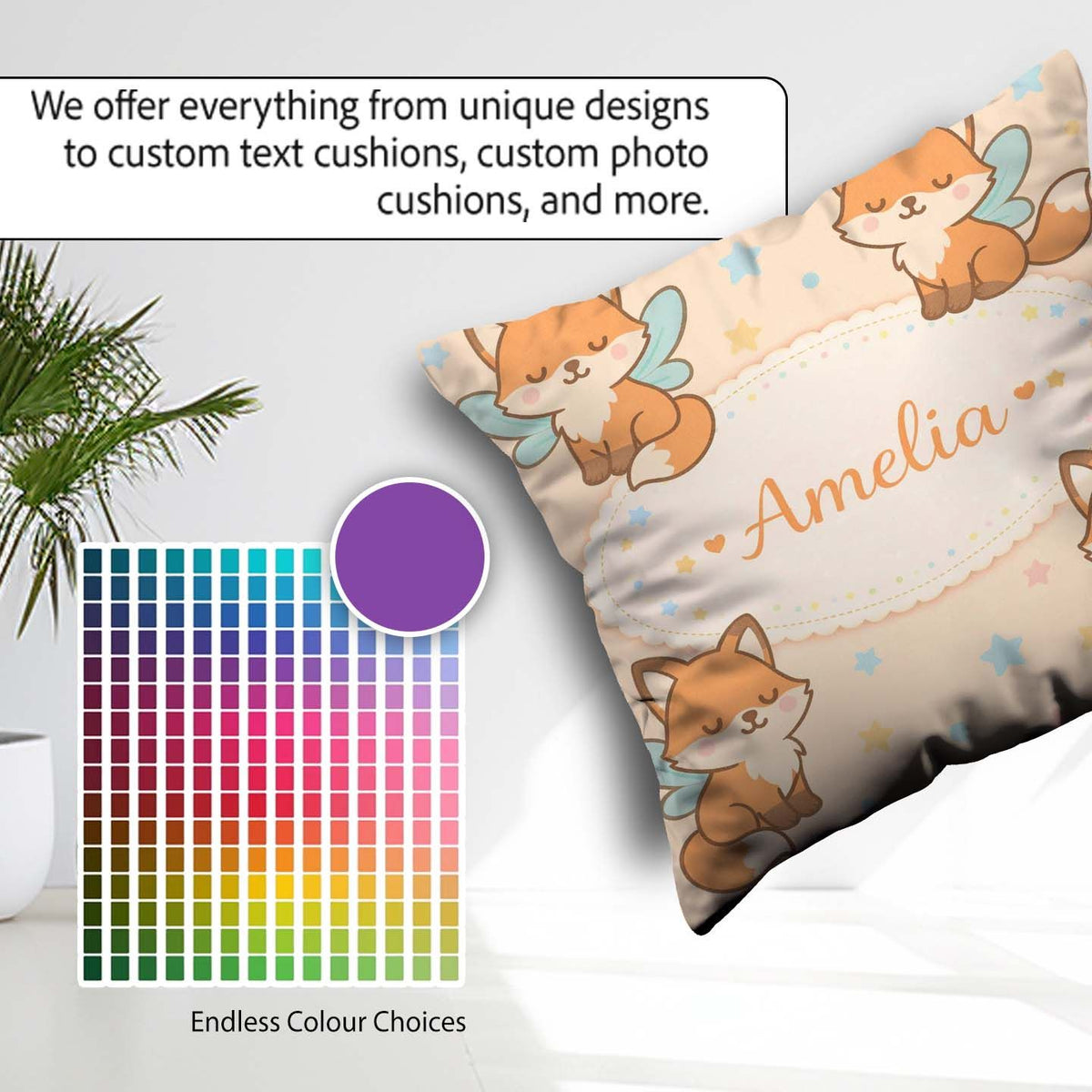 Custom Name Cute Fairy Fox Cartoon Animal Pattern Cute Unique Square Filled Cushion Throw Pillow Sofa Bed Home Decor Zip Washable UK Made