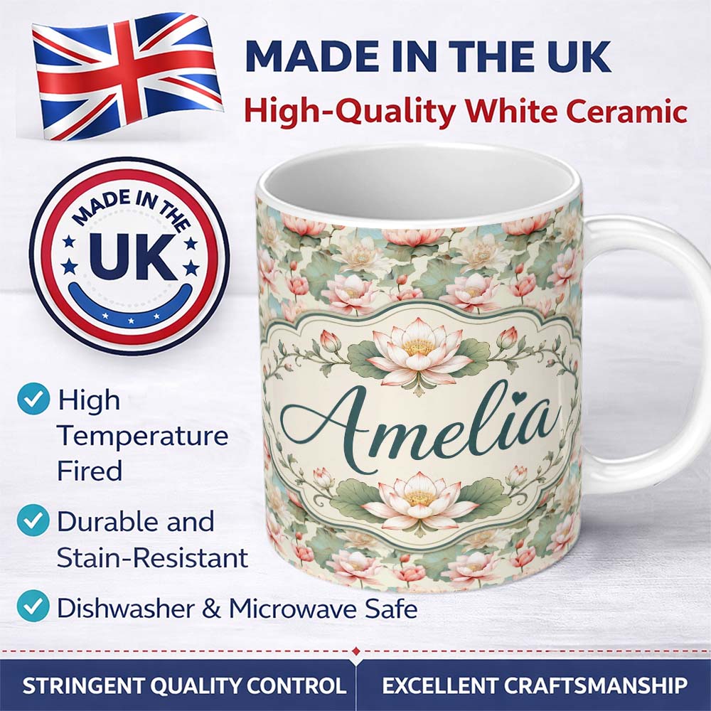 Personalized Custom Name Soft Pastel Lotus Blossom Pattern with Elegant Botanical Arrangement 11oz Ceramic Coffee Tea Mug White Large Handle
