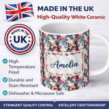 Personalized Custom Name Anime Girl Blue Hair Paint Splash Artistic Pattern Cute Unique Gift 11oz Ceramic Coffee Tea Mug White Large Handle