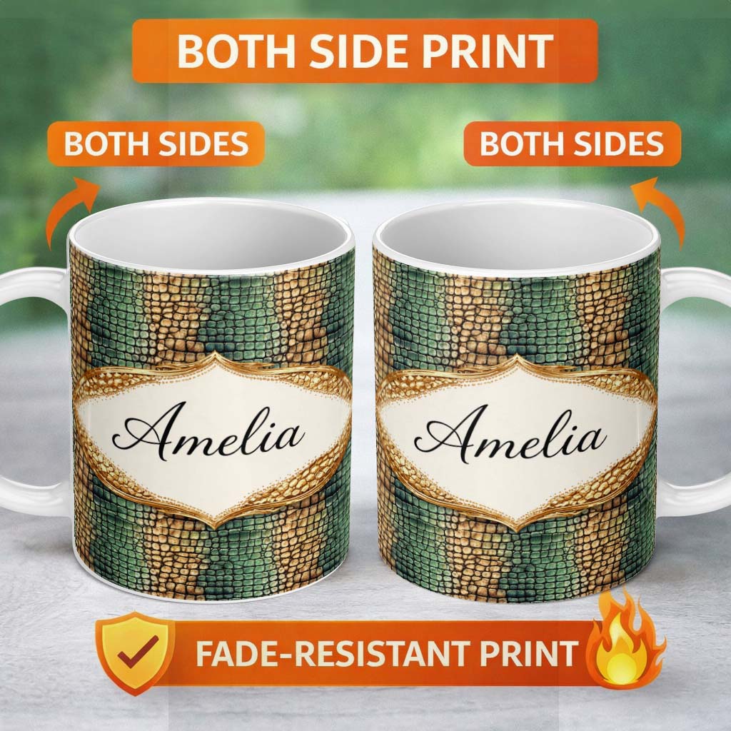 Personalized Custom Name Teal Crocodile Skin Texture Pattern Luxury Design Cute Unique Gift 11oz Ceramic Coffee Tea Mug White Large Handle