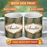 Personalized Custom Name Teal Crocodile Skin Texture Pattern Luxury Design Cute Unique Gift 11oz Ceramic Coffee Tea Mug White Large Handle