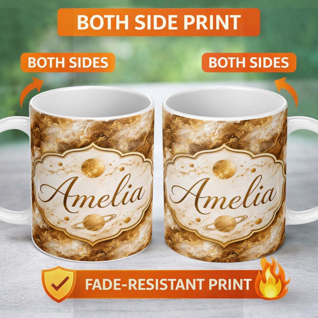 Personalized Custom Name White Gold Marble Texture Seamless Pattern Luxury Stone Lovely 11oz Ceramic Coffee Tea Mug White Large Handle