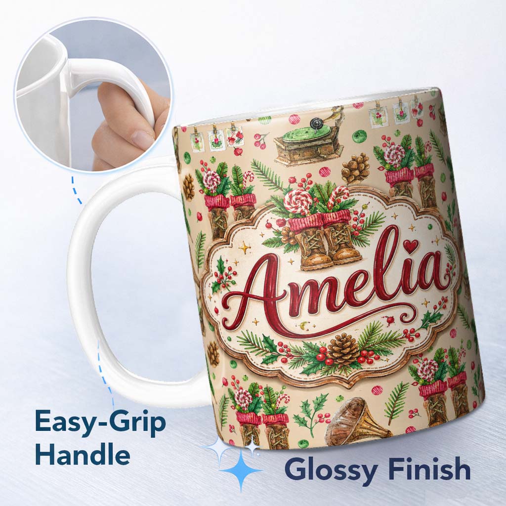 Personalized Custom Name Rustic Christmas Boots Gramophone Pinecone Festive Seamless Pattern 11oz Ceramic Coffee Tea Mug White Large Handle