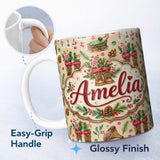 Personalized Custom Name Rustic Christmas Boots Gramophone Pinecone Festive Seamless Pattern 11oz Ceramic Coffee Tea Mug White Large Handle