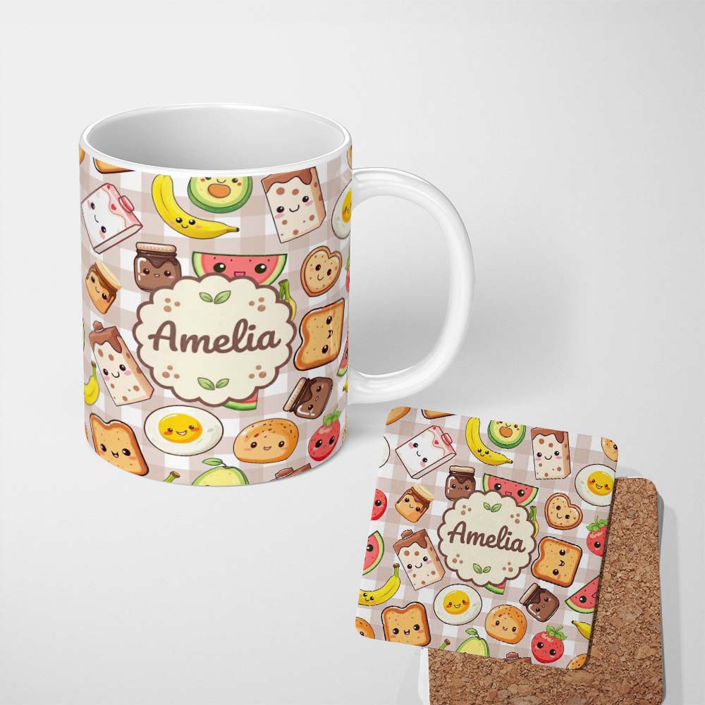 Personalized Custom Name Cute Kawaii Breakfast Food Seamless Pattern Blue Gingham Background 11oz Ceramic Coffee Tea Mug White Large Handle