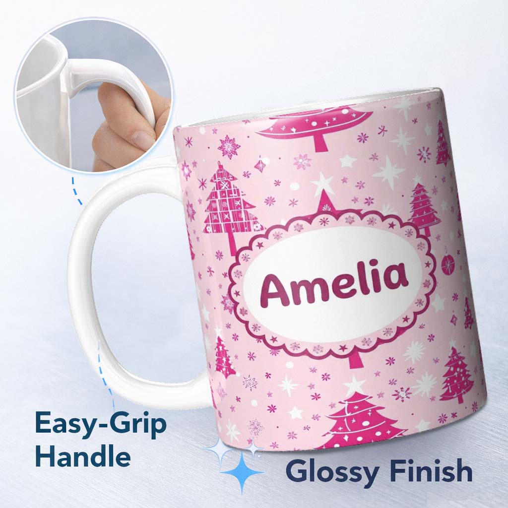 Personalized Custom Name Pink Christmas Tree Snowflake Star Winter Seamless Pattern Lovely 11oz Ceramic Coffee Tea Mug White Large Handle