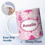 Personalized Custom Name Pink Christmas Tree Snowflake Star Winter Seamless Pattern Lovely 11oz Ceramic Coffee Tea Mug White Large Handle