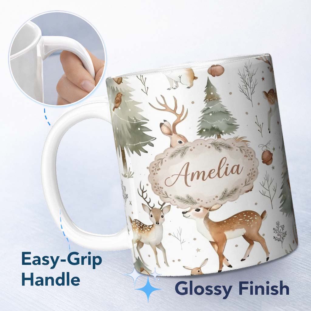 Personalized Custom Name Woodland Deer Forest Trees Cute Winter Seamless Pattern Lovely 11oz Ceramic Coffee Tea Mug White Large Handle