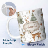 Personalized Custom Name Woodland Deer Forest Trees Cute Winter Seamless Pattern Lovely 11oz Ceramic Coffee Tea Mug White Large Handle
