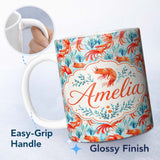 Personalized Custom Name Cute LShrimp with Seaweed Botanical Design Seamless Pattern Lovely 11oz Ceramic Coffee Tea Mug White Large Handle