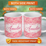 Personalized Custom Name Pink Watercolor Leopard Print Seamless Pattern Blended Animal Lovely 11oz Ceramic Coffee Tea Mug White Large Handle