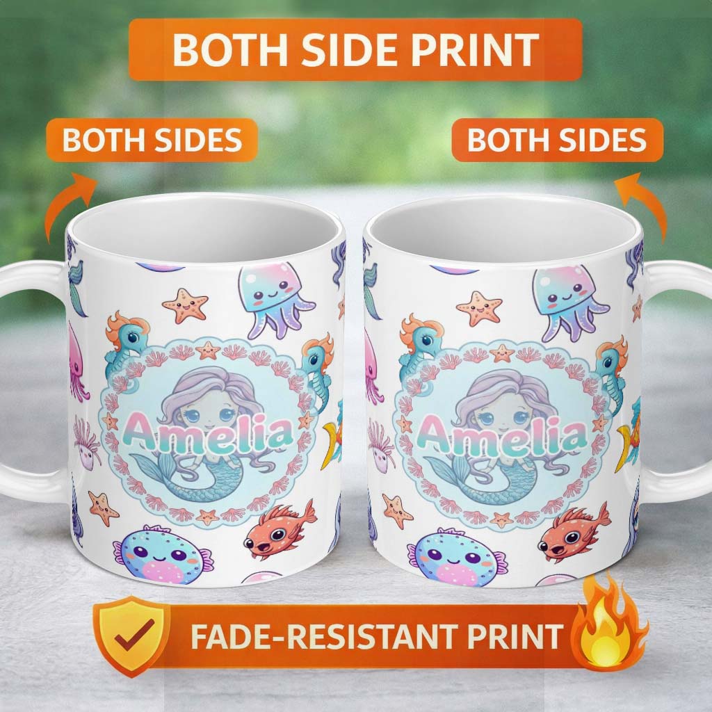 Personalized Custom Name Cute Kawaii Mermaid Seahorse Jellyfish and Starfish Light Grey 11oz Ceramic Coffee Tea Mug White Large Handle
