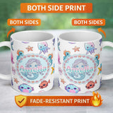 Personalized Custom Name Cute Kawaii Mermaid Seahorse Jellyfish and Starfish Light Grey 11oz Ceramic Coffee Tea Mug White Large Handle