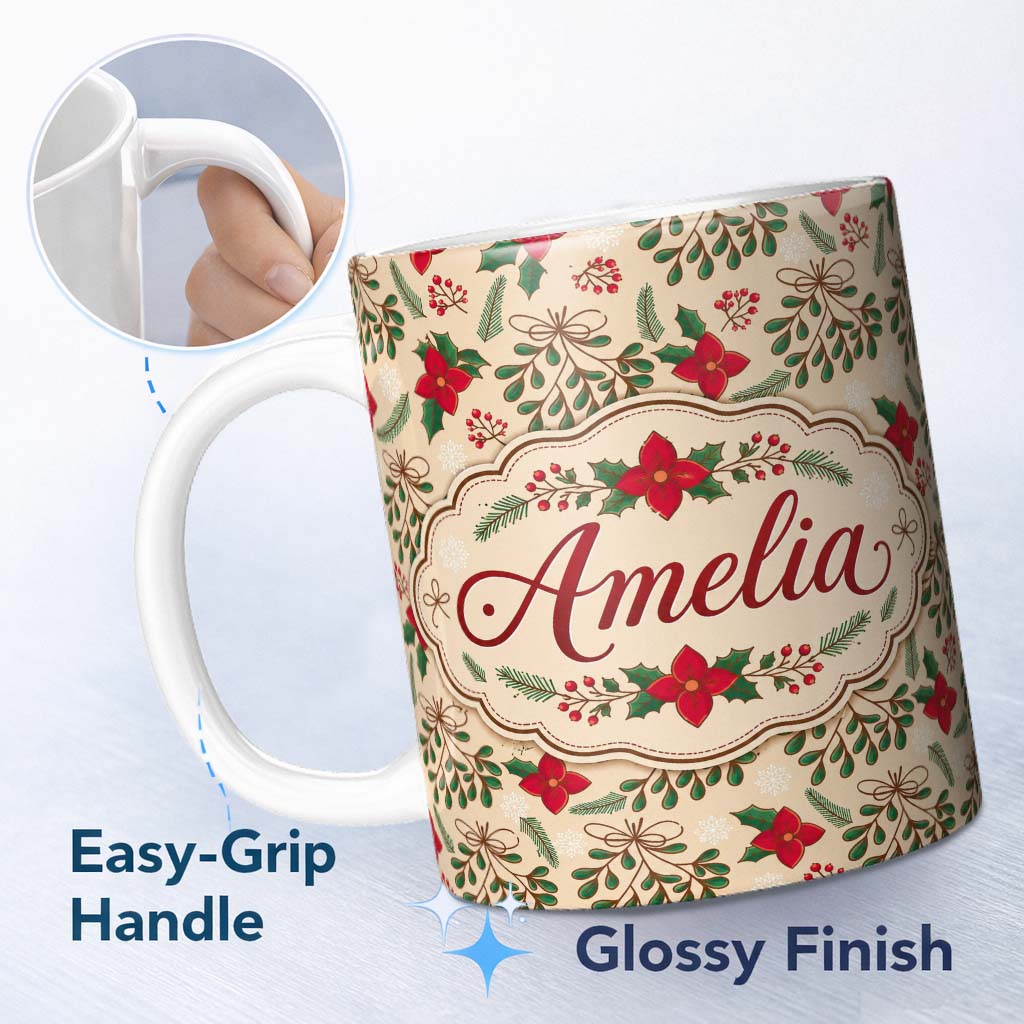 Personalized Custom Name Festive Christmas Bows Holly Flowers Elegant Seamless Pattern Lovely 11oz Ceramic Coffee Tea Mug White Large Handle