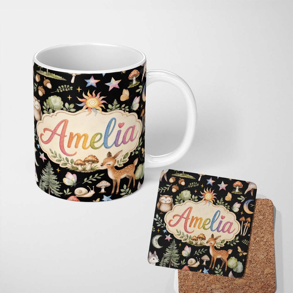 Personalized Custom Name Cute Woodland Animals with Deer Owl Mushrooms and Forest Elements 11oz Ceramic Coffee Tea Mug White Large Handle