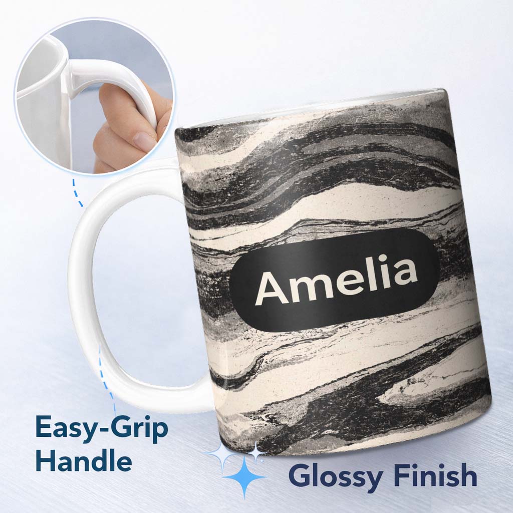 Personalized Custom Name Fine Line Topography Black Cream Abstract Contour Pattern Lovely 11oz Ceramic Coffee Tea Mug White Large Handle
