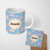 Personalized Custom Name Cute Pastel Sheep Stars Blue Sky Seamless Pattern Name Unique Gift 11oz Ceramic Coffee Tea Mug White Large Handle
