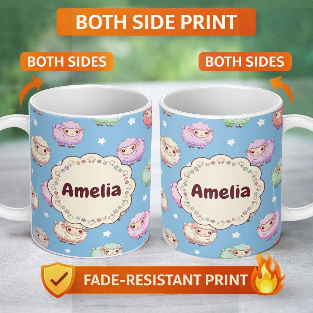 Personalized Custom Name Cute Pastel Sheep Stars Blue Sky Seamless Pattern Name Unique Gift 11oz Ceramic Coffee Tea Mug White Large Handle