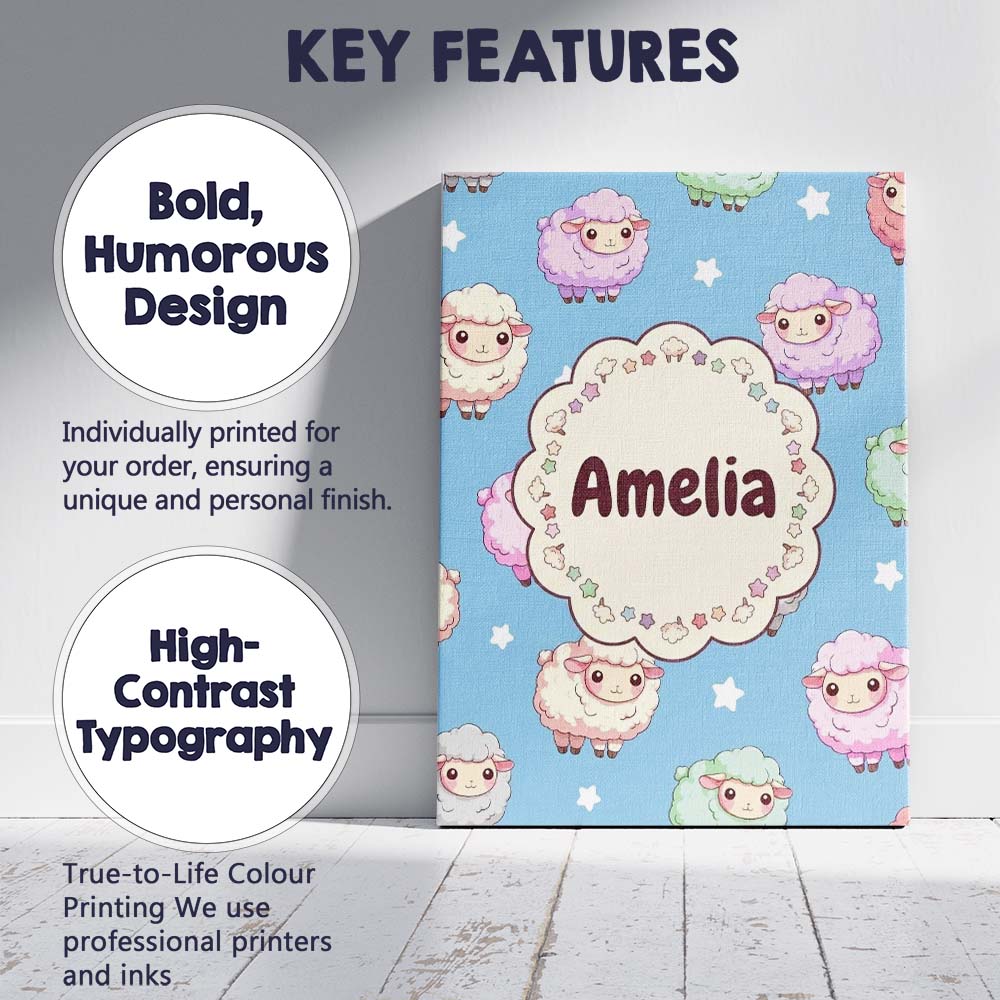 Personalised Name Cute Pastel Sheep Stars Custom  Unique Gift Idea Elegant Feature Canvas Wall Art Print Decor Picture Ready to Hang