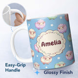 Personalized Custom Name Cute Pastel Sheep Stars Blue Sky Seamless Pattern Name Unique Gift 11oz Ceramic Coffee Tea Mug White Large Handle