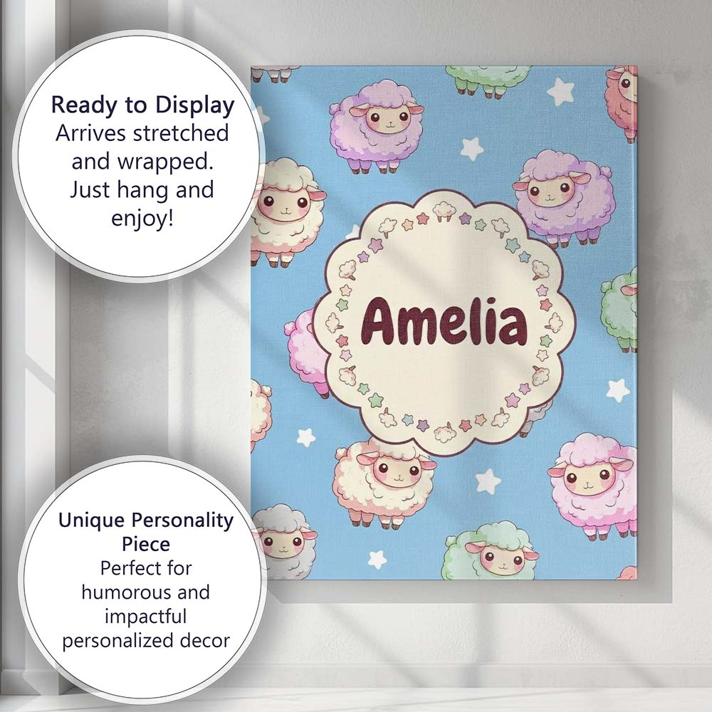 Personalised Name Cute Pastel Sheep Stars Custom  Unique Gift Idea Elegant Feature Canvas Wall Art Print Decor Picture Ready to Hang