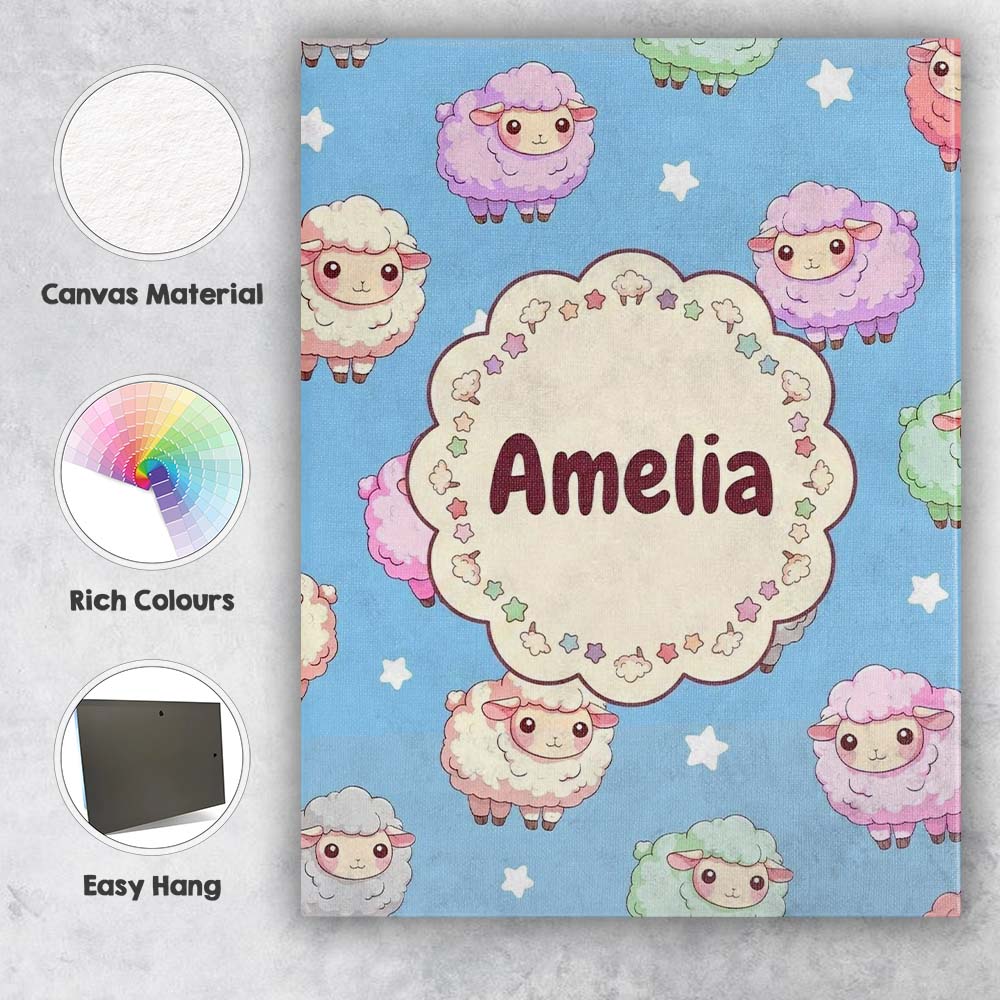 Personalised Name Cute Pastel Sheep Stars Custom  Unique Gift Idea Elegant Feature Canvas Wall Art Print Decor Picture Ready to Hang