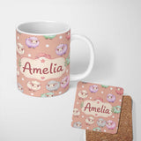 Personalized Custom Name Cute Pastel Sheep Stars Peach Background Seamless Pattern Name 11oz Ceramic Coffee Tea Mug White Large Handle