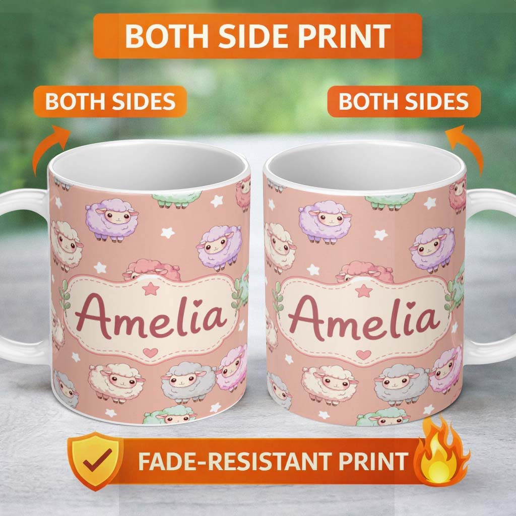 Personalized Custom Name Cute Pastel Sheep Stars Peach Background Seamless Pattern Name 11oz Ceramic Coffee Tea Mug White Large Handle