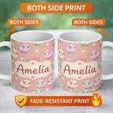 Personalized Custom Name Cute Pastel Sheep Stars Peach Background Seamless Pattern Name 11oz Ceramic Coffee Tea Mug White Large Handle