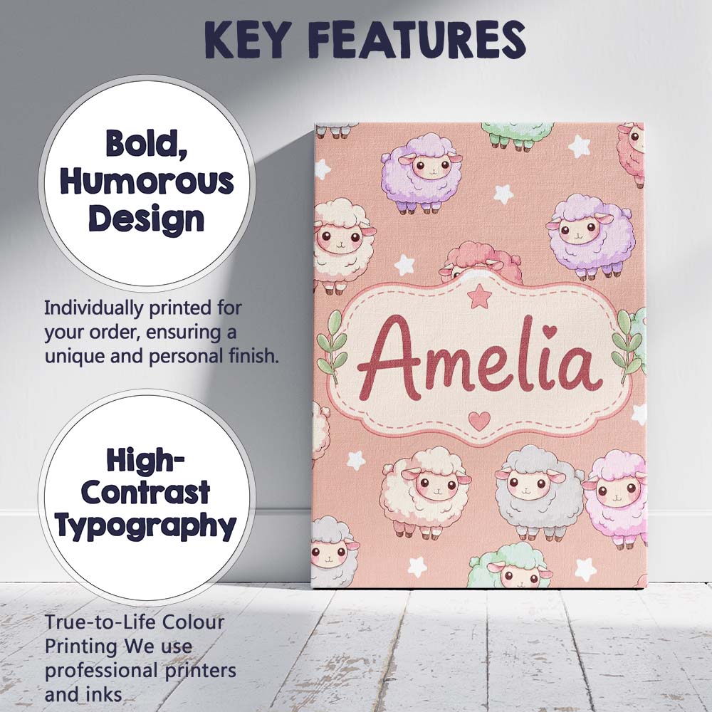 Personalised Name Cute Pastel Sheep Stars Custom  Unique Gift Idea Elegant Feature Canvas Wall Art Print Decor Picture Ready to Hang