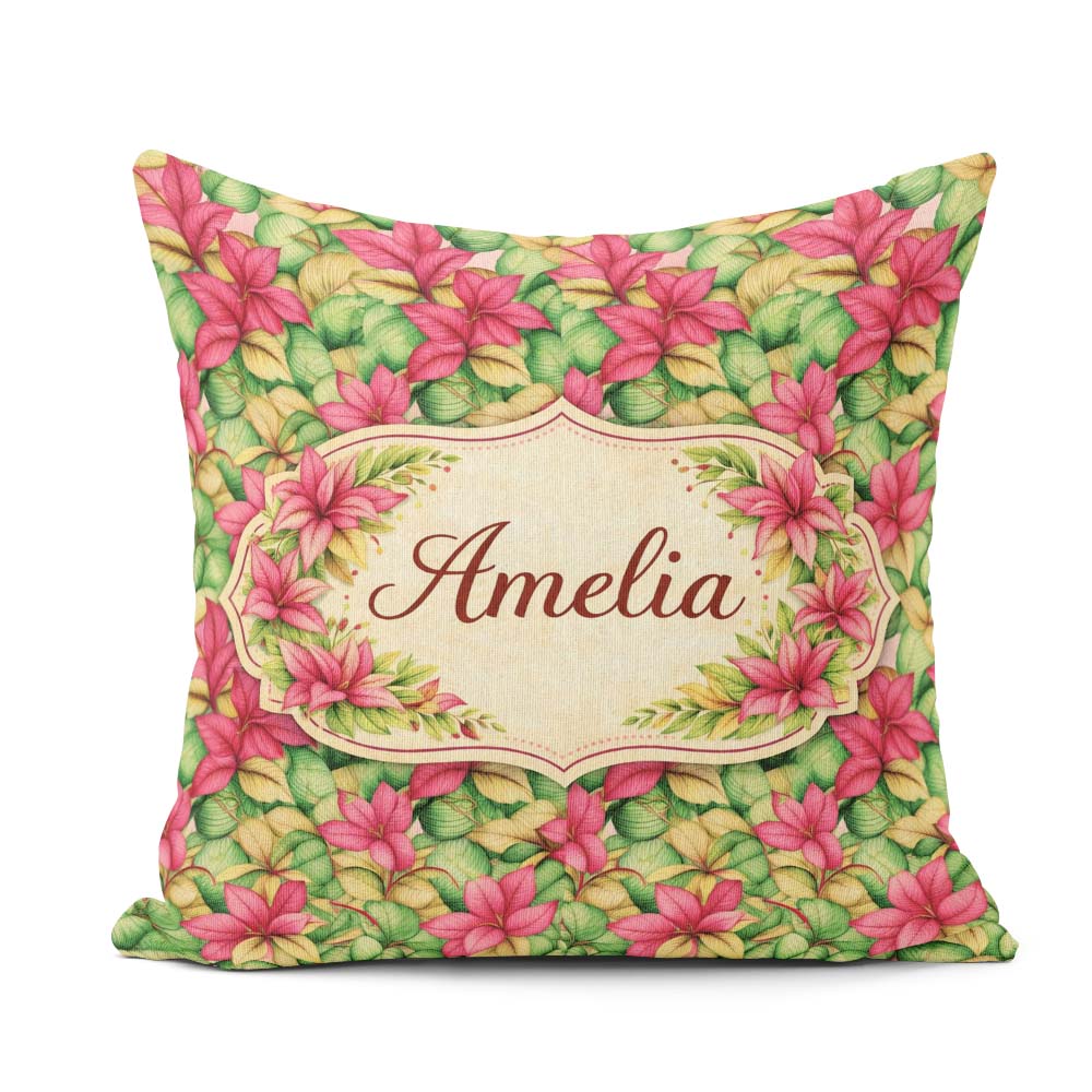 Custom Name Vibrant Pink Green Tropical Leaves Seamless Pattern Square Filled Cushion Throw Pillow Sofa Bed Home Decor Zip Washable UK Made