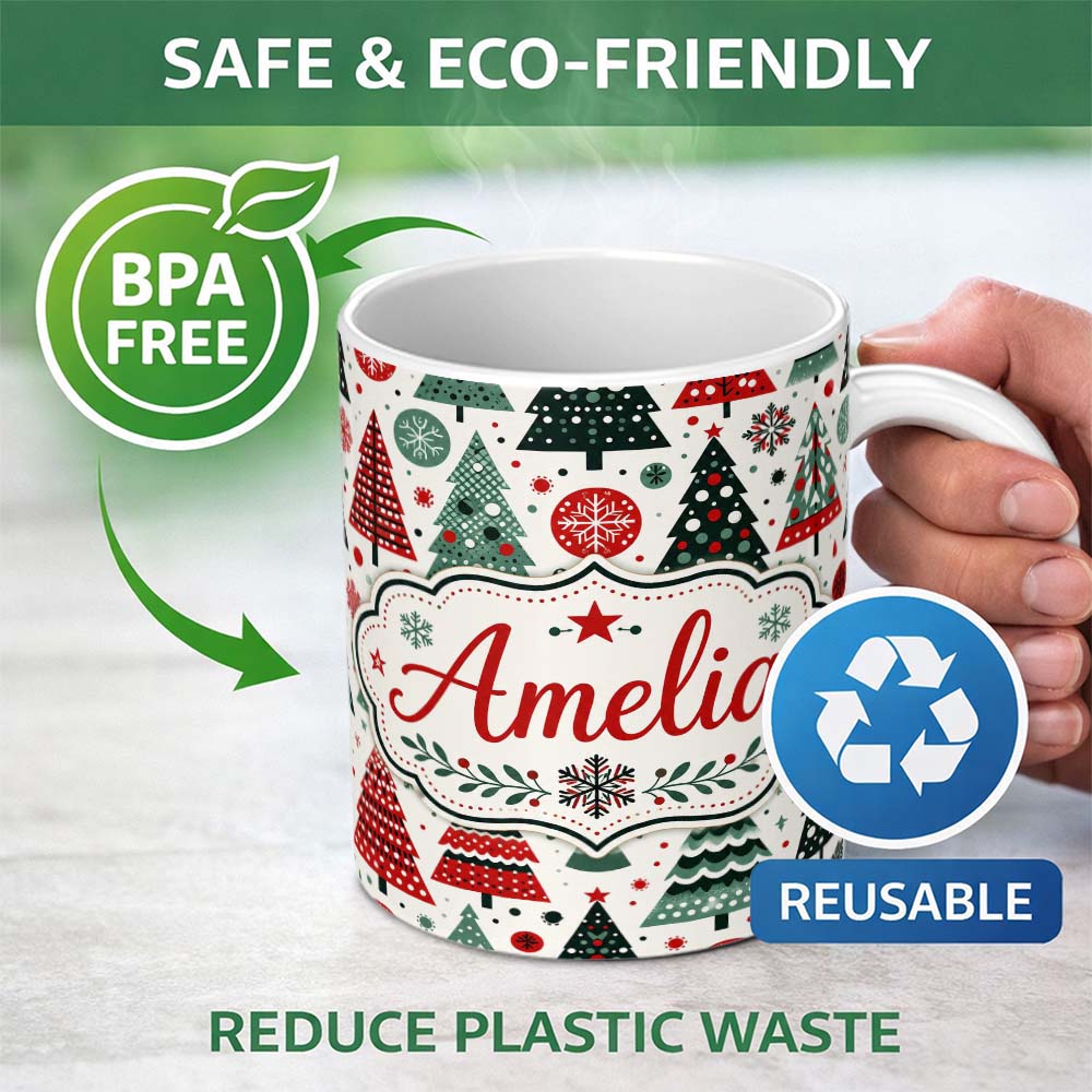 Personalized Custom Name Minimal Christmas Trees and Snowflake Shapes in Red Green Style 11oz Ceramic Coffee Tea Mug White Large Handle