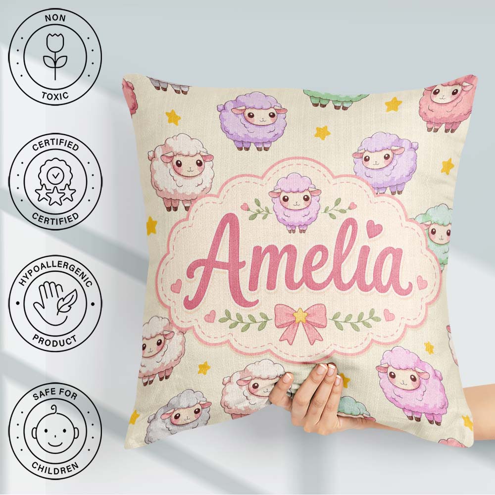 Custom Name Cute Pastel Sheep Stars Cream Seamless Pattern Name Square Filled Cushion Throw Pillow Sofa Bed Home Decor Zip Washable UK Made