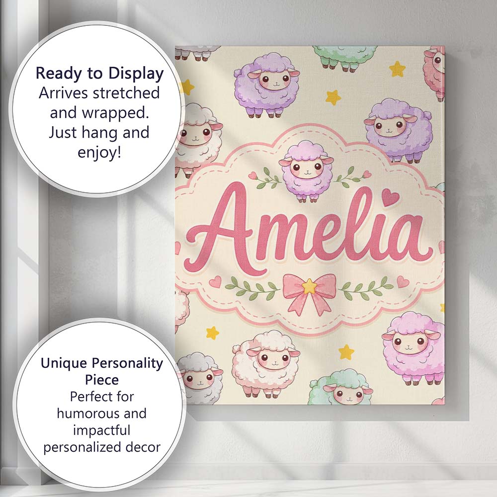 Personalised Name Cute Pastel Sheep Stars Custom  Unique Gift Idea Elegant Feature Canvas Wall Art Print Decor Picture Ready to Hang