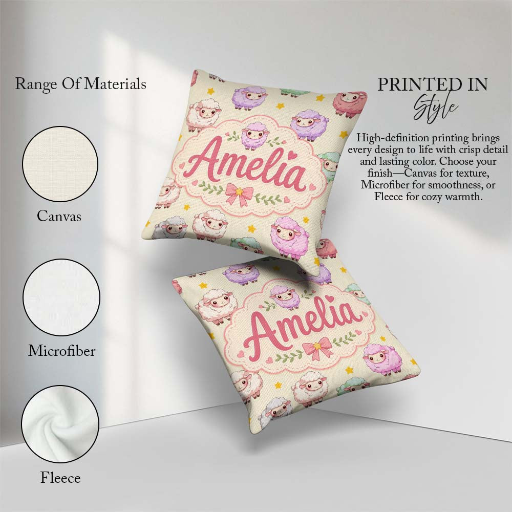 Custom Name Cute Pastel Sheep Stars Cream Seamless Pattern Name Square Filled Cushion Throw Pillow Sofa Bed Home Decor Zip Washable UK Made