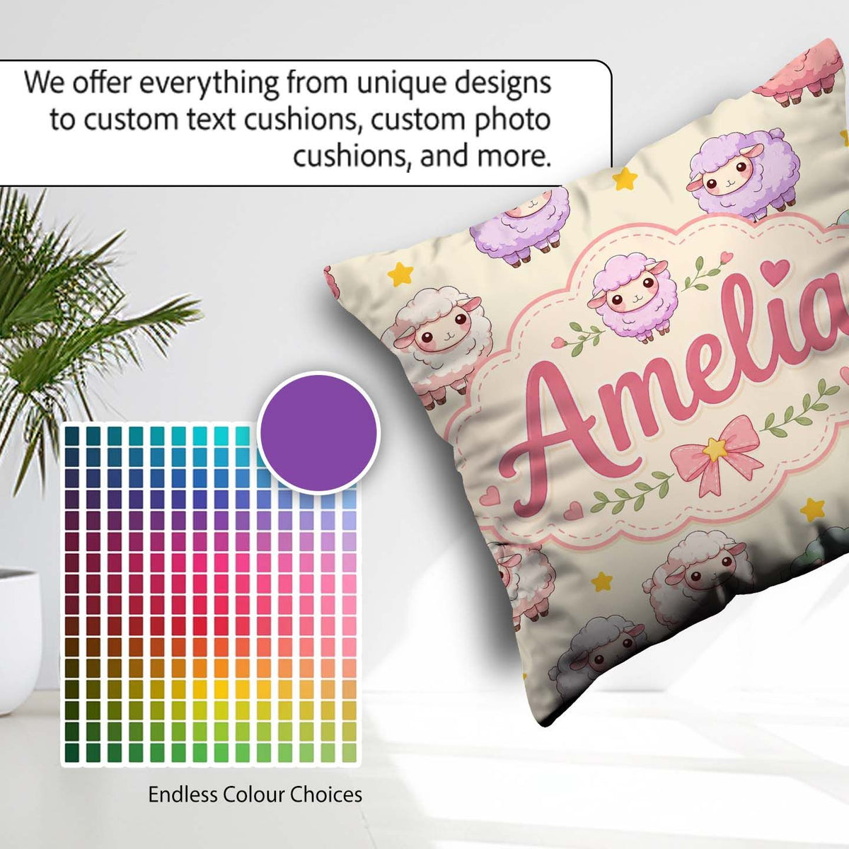Custom Name Cute Pastel Sheep Stars Cream Seamless Pattern Name Square Filled Cushion Throw Pillow Sofa Bed Home Decor Zip Washable UK Made