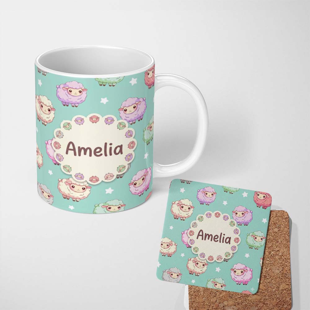 Personalized Custom Name Cute Pastel Sheep Stars Mint Background Seamless Pattern Name 11oz Ceramic Coffee Tea Mug White Large Handle
