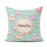 Custom Name Cute Pastel Sheep Stars Mint Background Pattern Name Square Filled Cushion Throw Pillow Sofa Bed Home Decor Zip Washable UK Made