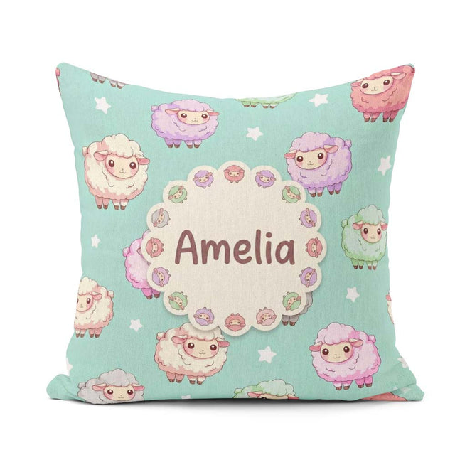 Custom Name Cute Pastel Sheep Stars Mint Background Pattern Name Square Filled Cushion Throw Pillow Sofa Bed Home Decor Zip Washable UK Made