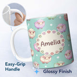 Personalized Custom Name Cute Pastel Sheep Stars Mint Background Seamless Pattern Name 11oz Ceramic Coffee Tea Mug White Large Handle