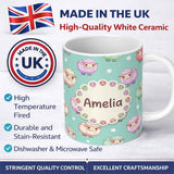 Personalized Custom Name Cute Pastel Sheep Stars Mint Background Seamless Pattern Name 11oz Ceramic Coffee Tea Mug White Large Handle