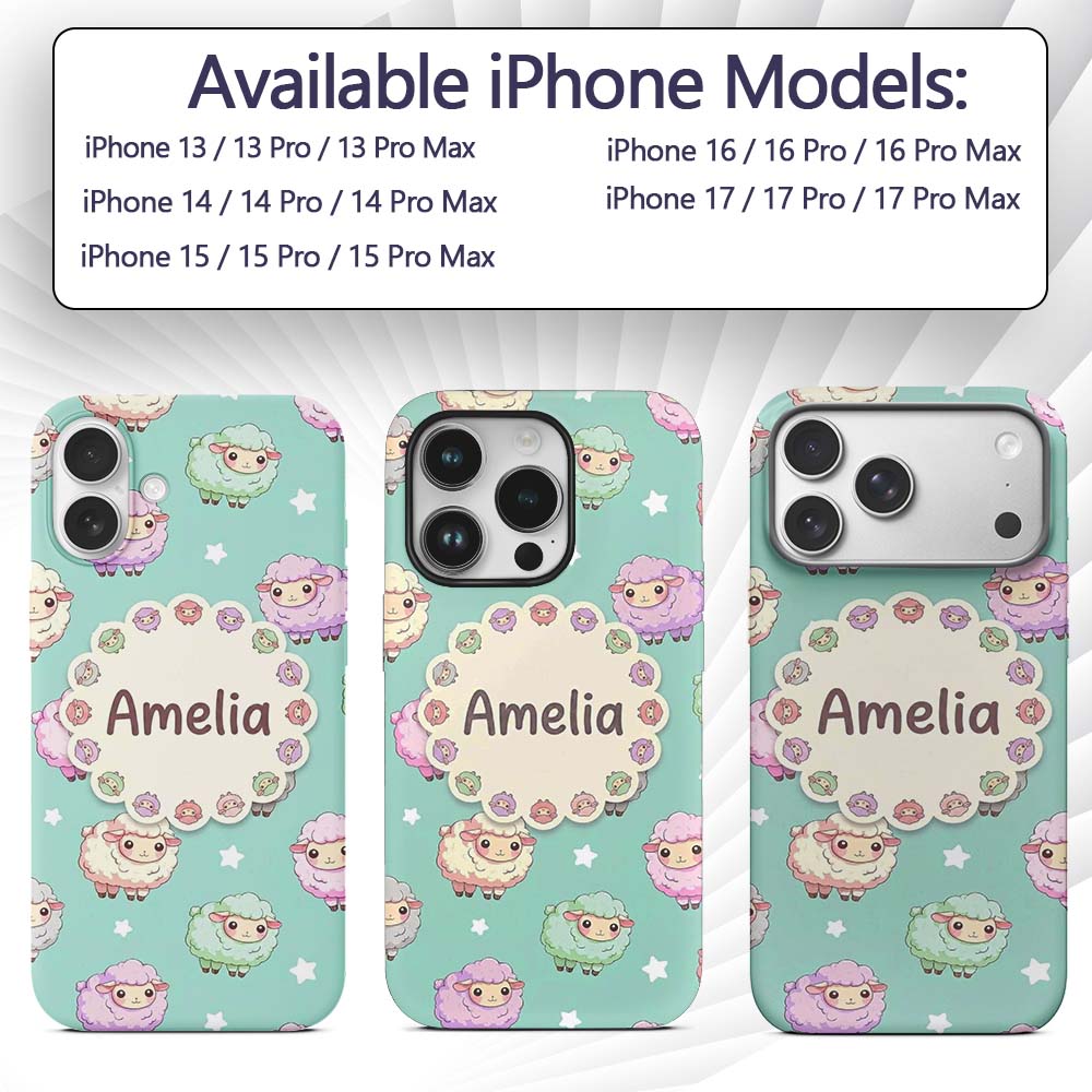Cute Pastel Sheep Stars Mint Background Seamless Custom Name Protective Phone Case Mobile Cover Durable Everyday Smartphone Shock Resistant