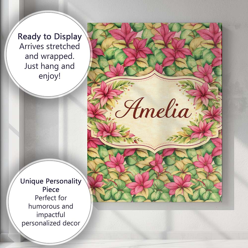 Personalised Name Vibrant Pink Green Tropical Leaves Seamless Custom Contemporary Display Canvas Wall Art Print Decor Picture Ready to Hang