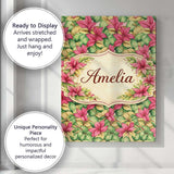 Personalised Name Vibrant Pink Green Tropical Leaves Seamless Custom Contemporary Display Canvas Wall Art Print Decor Picture Ready to Hang